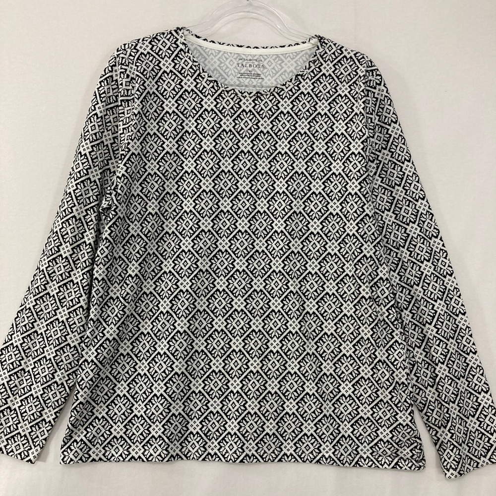 Talbots Long Sleeve Tee XL‎ Black White Geometric Medallion Print Cotton Blend